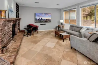 Mounted TV with sound bar and built in speakers