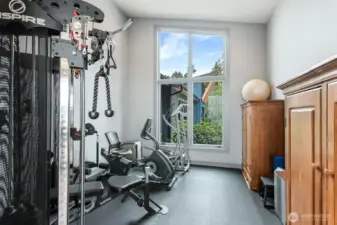 Versatile main-level bonus room currently designed as a private fitness studio offering flexible use for recreation, media, or expanded living space.