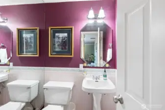 Guest bath with a full wall mirror reflexing back.
