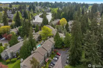 Alternate aerial view of the community-A building is the bank of units at the bottom of the photo