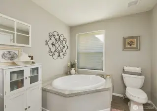Featuring a large soaking tub, double vanity, and separate shower, this primary bathroom is designed for comfort and convenience.