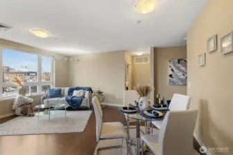 Beautiful modern living space with hardwoods and views of the Sound, Space needle, Key arena and more.