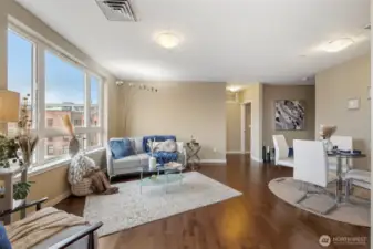 Beautiful modern living space with hardwoods and views of the Sound, Space needle, Key arena and more.
