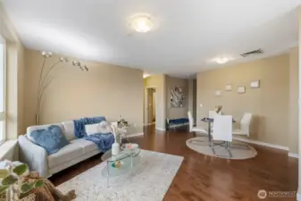 Beautiful modern living space with hardwoods and views of the Sound, Space needle, Key arena and more.