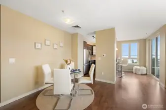 Beautiful modern living space with hardwoods and views of the Sound, Space needle, Key arena and more.