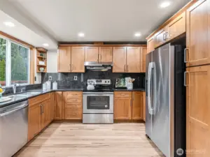 Kitchen with stainless steel appliances.