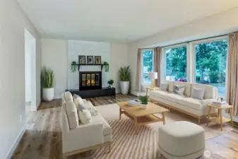 Wonderful open, large living room with gas fireplace. *this photo has been virtually staged*