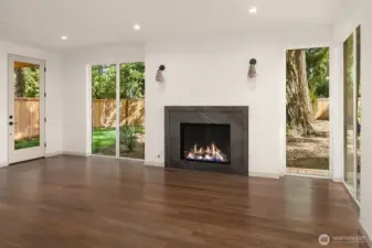 Gas Fireplace and Floor to Ceiling Windows