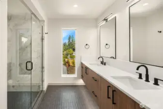 Primary with Floating Double Vanity, Under Cabinet Lighting and Heated Tile Floors