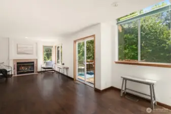View from kitchen into dining area and family room