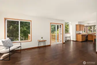 View towards kitchen shows sliders to deck