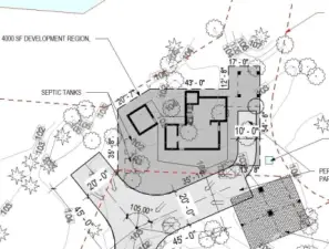 Architect’s site drawing illustrating potential home location, driveway, and utilities