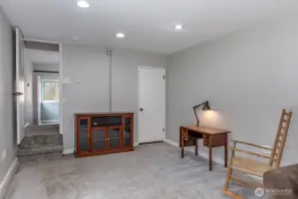 Rec room on the lower level with view to closet and crawl space acess