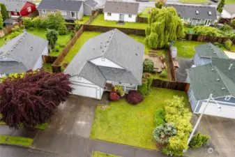 Drone view of front & backyard. Established perennials & located in a great neighborhood.