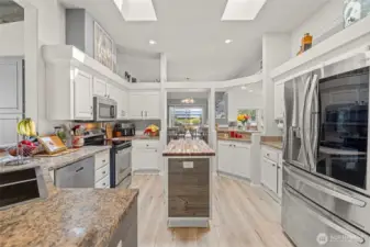 Light, bright, chef's kitchen with skylights, stainless appliances, pantry, and eat-in counter space