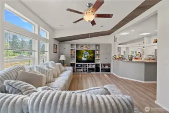 Light, bright family room with beautiful built-ins