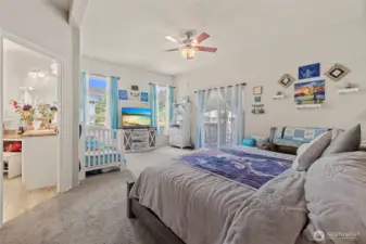Large peaceful primary bedroom with large walk-in closet, large en-suite bathroom attached, sliding glass doors to back deck