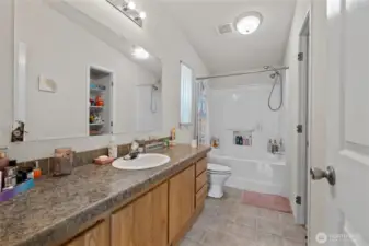 Primary bedroom en-suite bathroom with vaulted ceilings and closet in 2nd home