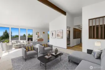 Livingroom with entry on the right. Virtual staging.