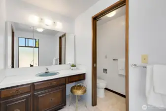 Primary bathroom has built-in medicine cabinet, the original mid-century blue sink and blue tile in the walk-in shower.  There is extra room for expansion.