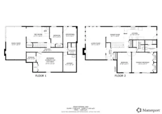 Floorplans for the home created with 3-D Matterport Tour.  This shows approximate measurements and other information and is missing closets here and there.