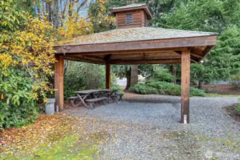 Gazebo area with tables and benches for outdoor activities or gatherings