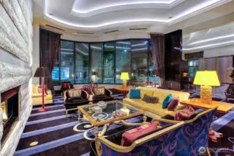 elegant lobby with full height marble fireplace