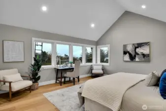 Primary bedroom w/ views, ensuite bath, and walk in clsoet