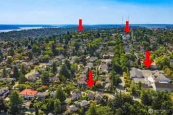 In this ariel shot, you can see how close this home is to great public and private schools... Stevens Elementary is the arrow in the lower right, St. Joes is the arrow in the upper right, Holy Names is the upper left arrow.  Not to mention that Seattle Prep is not in this photo but literally 5 minutes away!