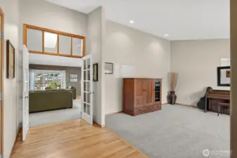 Looking toward the family room through French doors. Added window accents add to the designer touches all throughout.