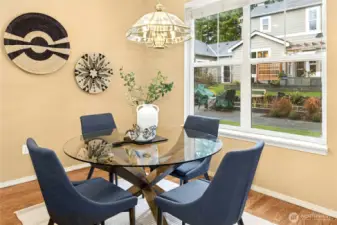 The dining area looks out onto the courtyard.
