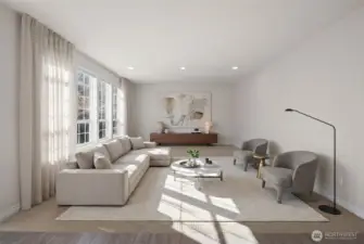 Staged Great room from Kitchen & Back Yard