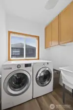 Laundry room down stairs with storage and sink.