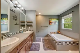A relaxing spa bathroom? This 5 piece bath and deep soaking bathtub hits all the right notes.