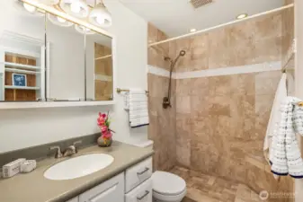 Primary shower with convenient hand-held shower and corner seat