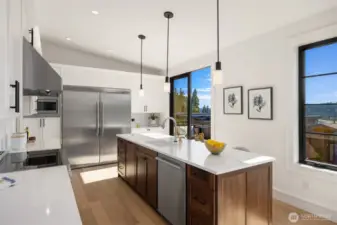 Professional kitchen with our iconic full size refrigerator and full size freezer. Stove/oven is induction. Propane is plumed so if home owner wishes to modify after owning the propane line is there