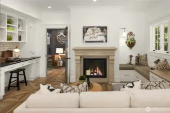 Francoise and Company French Coastal fireplace with limestone scagliola finish