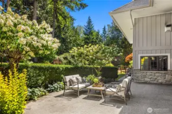 Rear patio area near a lovely hosta garden