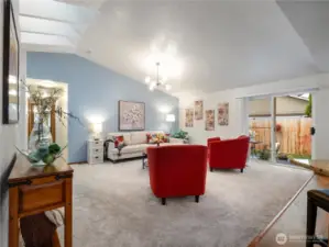 Vaulted ceilings and sky lights makes this rambler feel roomy and light.