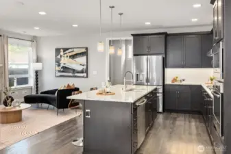 Updated kitchen with large island and open floor plan.