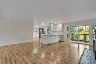 So much light in this open living space! Super large windows, slider, skylights let it all in. Newer kitchen, appliances, flooring, windows, paint, etc.