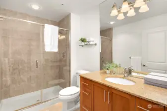 Primary bath with slab granite counters and spacious shower