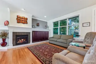 The gas fireplace has a granite surround accented by beautiful wood trim and the custom built-in provides lots of storage. Add a TV above it and keep components and wires out of sight below.