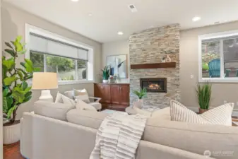 Fire place framed by floor to ceiling stone.  Top-down, bottom-up shades in all rooms.