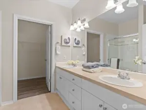 Full bathroom off of primary bedroom with double sink vanity and walk-in closet