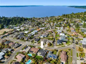 Aerial view of the home in relation to the Puget Sound.