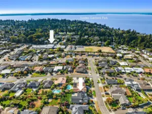 Aerial view of the home in relation to North Beach Elementary School and Golden Gardens Park.