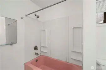 1 bathroom with a cute pink tub
