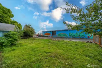 back yard looking at the urban art on the back of Westside Lanes