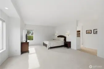 Primary bedroom and opening to primary bathroom area.